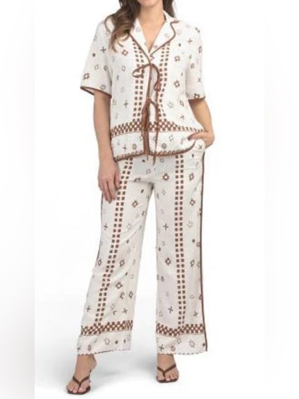 ELEMENTS/White Closet Two-Piece linen blend printed tie shirt and pants set - Picture 2 of 13